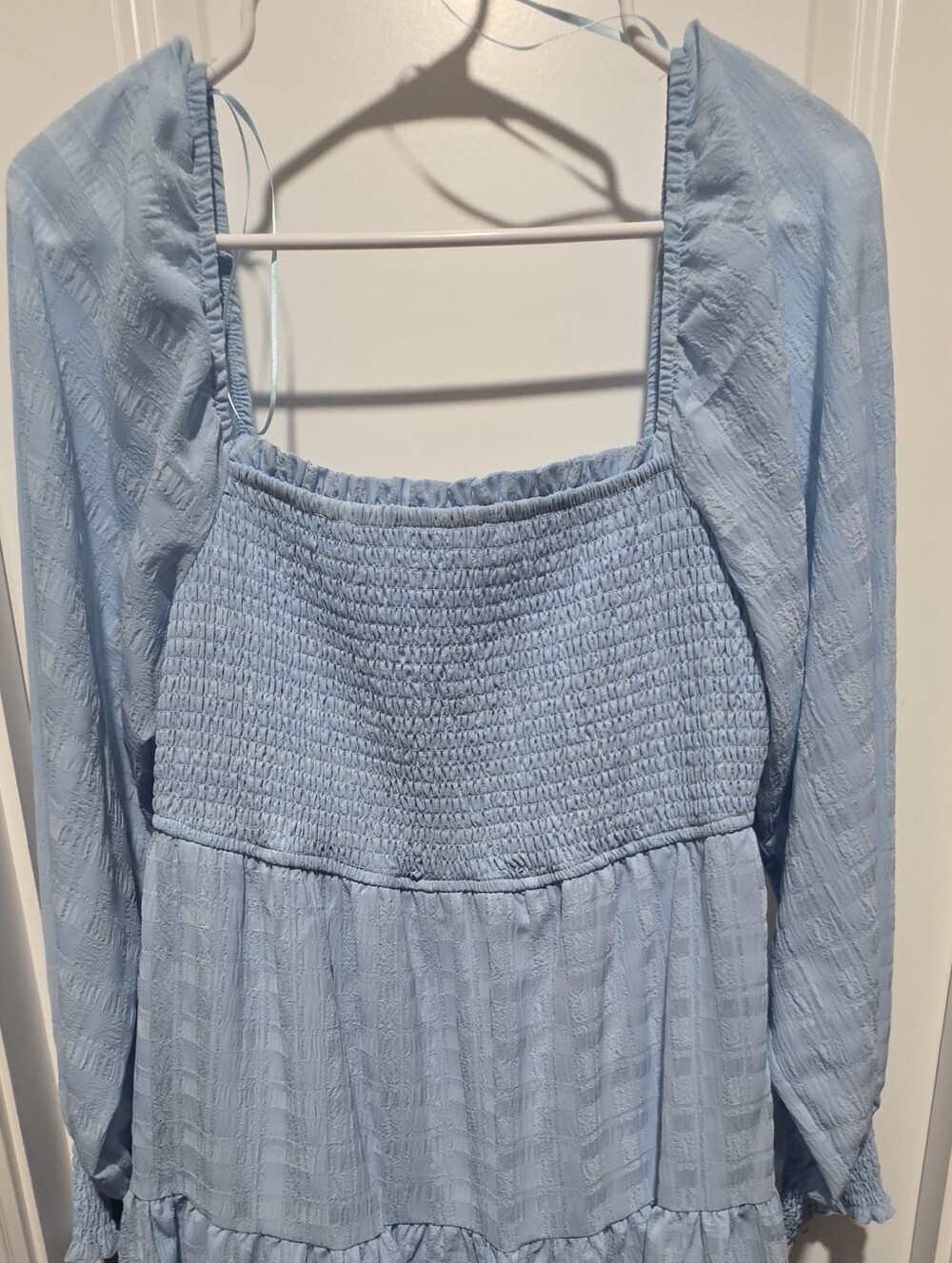 Light Blue Smocked Square-Neck Mini Dress with Bishop Sleeves - Picture 2 of 8